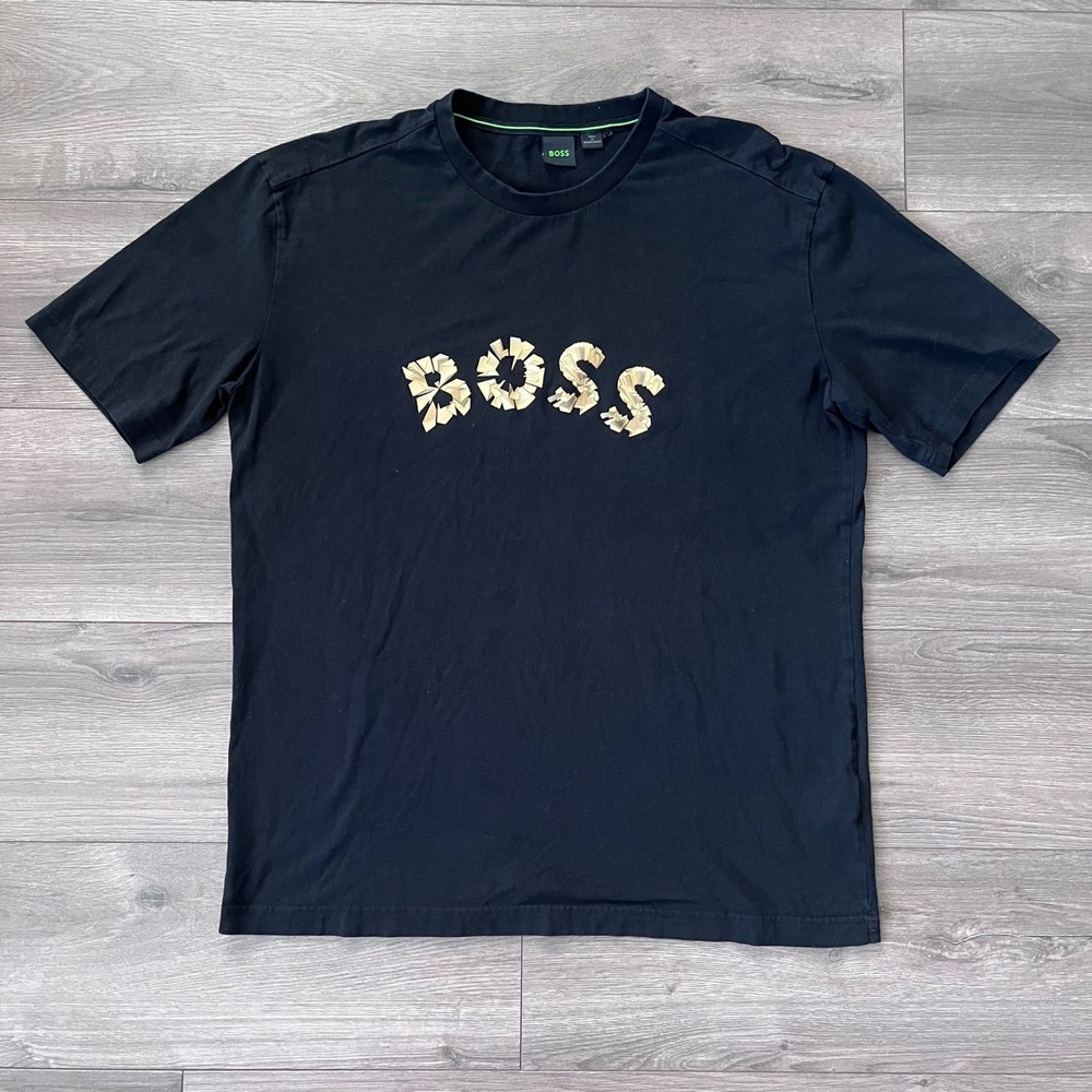 Hugo Boss Mens XXL Black T-Shirt Gold Fragmented Logo Graphic Tee Short Sleeve